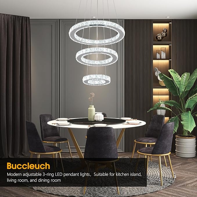 Buccleuch 3-Ring Crystal Chandelier, ETL-Listed Dimmable LED Pendant Light, Slope Ceiling Compatible Stainless Steel K9 Crystal Ceiling Light for Dining Room Bedroom Living Room, 6500K