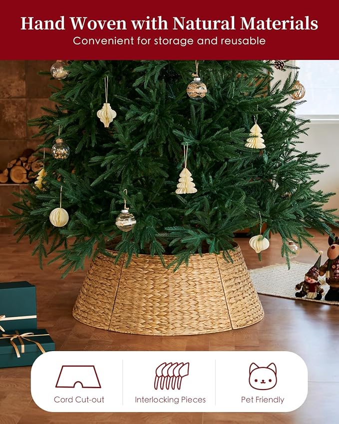 36in Large Christmas Tree Collar - Woven Hyacinth Tree Collars for Artificial Trees - Rattan Rustic Farmhouse Basket for Tree Base Cover with Cord Cut-Out for 7.5ft 9ft 10ft Tree (Natural)