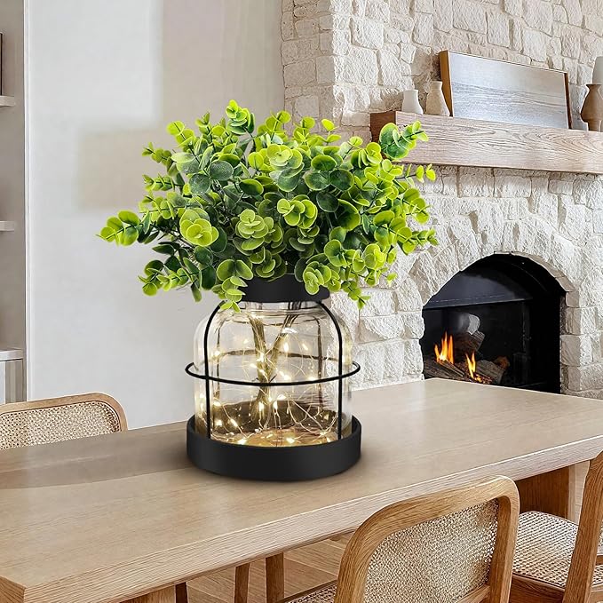 Rustic Farmhouse Glass Vases with Green Artificial Eucalyptus Plants & Lights Primitive Vintage Lantern Home Decor Centerpiece for Counter Coffee Table Shelf Office Dining Room Kitchen Bathroom,Black