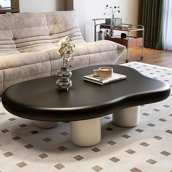 48 Inch Cloud Coffee Table, Modern Coffee Table for Living Room, Large Wood Coffee Side Table with Irregular Tabletop and 4 Sturdy Legs for Home Office Bedroom, Black and White