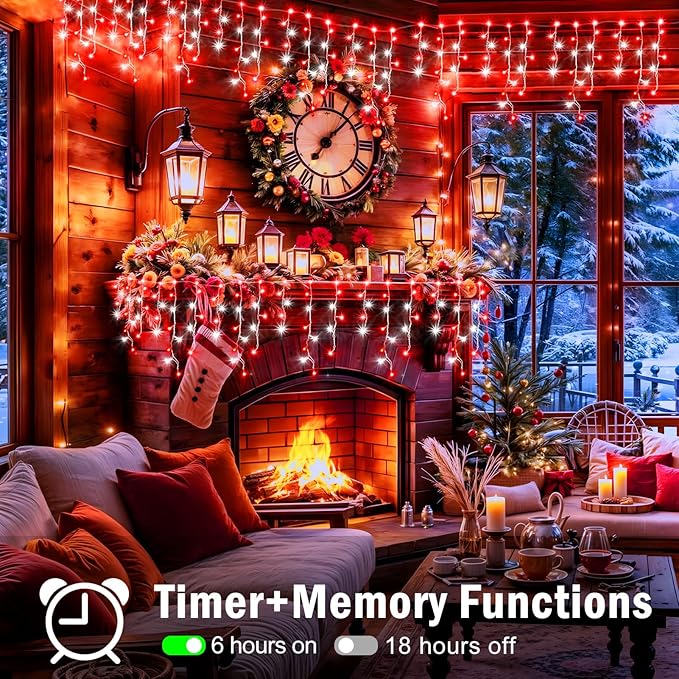 XURISEN 66ft Christmas Lights Decorations Outdoor, 640 LED 8 Modes Curtain Fairy Lights with 120 Drops,Plug in Waterproof Timer Memory Function for Christmas Holiday Wedding Party Decor(Red+White)