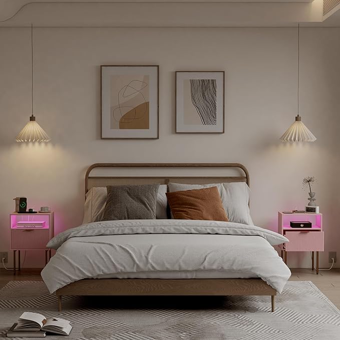 Modern Nightstand with Charging Station and LED Lights, White Bedside Table with Drawer, Fluted Side Table for Living Room, Bedroom