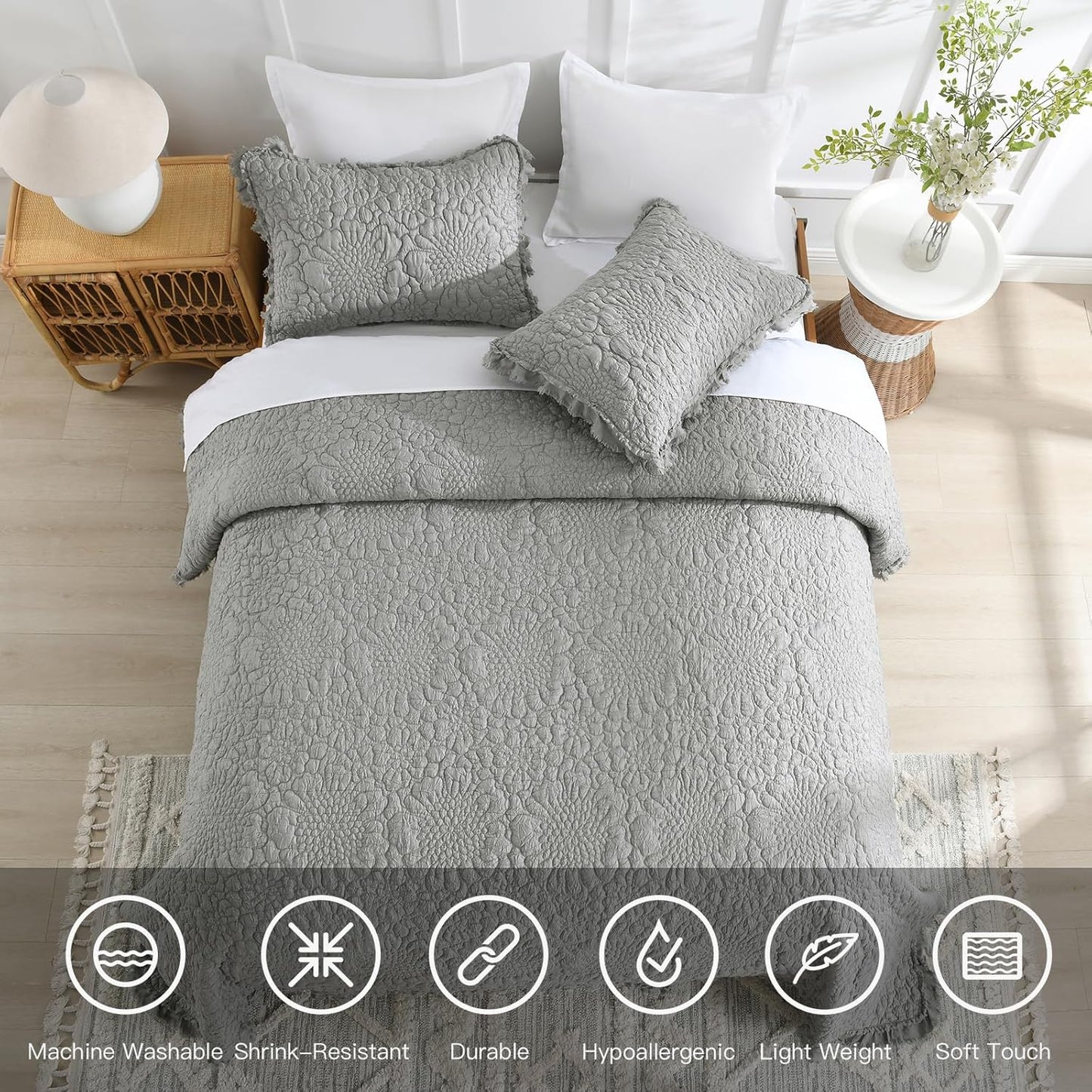 HORIMOTE HOME Dark Grey Ruffled Quilt Queen Size, Stone-Washed Microfiber Lightweight Crinkled Farmhouse Rustic Shabby Chic Bedding Set, 3 Pieces Reversible Bedspread with Pillow Shams for All Season