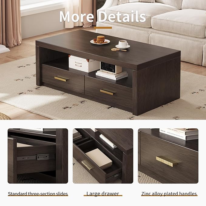 Coffee Table with Storage, 4 Storage Drawers Mid-Century Modern Rectangular Center Table, Retro Tea Table with Open Display Area for Bedroom, Living Room