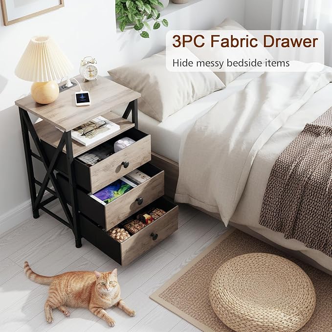 AMHANCIBLE Night Stand Set 2, LED Nightstand with Charging Station, End Side Tables with USB Port & Outlet, Bedside Table with 3 Fabric Drawers for Bedroom Living Room, Greige, HET053LGY