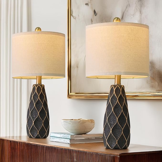 20.75" Small Table Lamps for Living Room Bedroom Lamps Set of 2 Ceramic Modern Boho Bedside Lamps Night Stands Farmhouse Vintage Nightstand Lamp Reading Light Home Office Dorm Desk Deco Gifts, Black