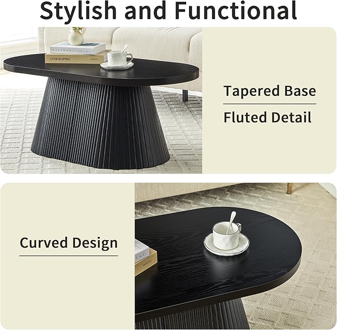Fluted Coffee Table with Sturdy Tapered Base, Wood Oval Small Coffee Table, Mid Century Modern Center Table for Living Room Office (Black)