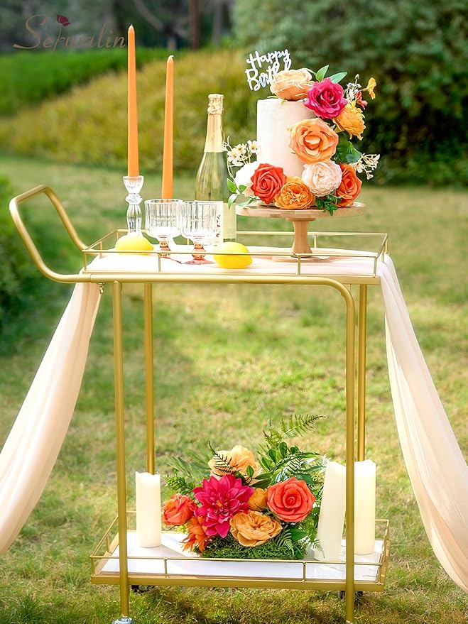 Serwalin Artificial Fall Flowers, Orange & Magenta Silk Fake Flowers, Autumn Faux Flowers for Wedding Bouquet, Table Centerpieces, Home Decor