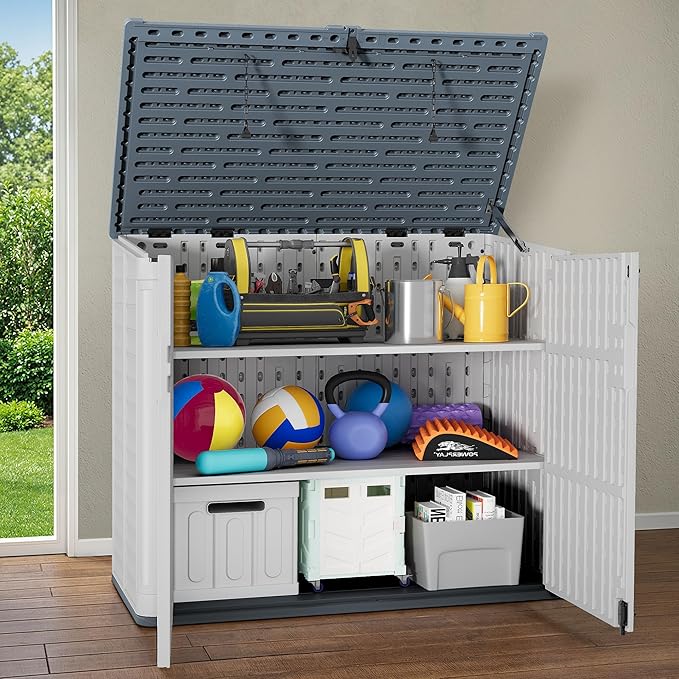 Devoko Resin Outdoor Storage Shed, 34 Cu Ft Outdoor Storage Cabinet with Shelf, Waterproof, Double Locks, Resin Storage for Trash Can, Garden Tools, Pool Supplies (Beige)