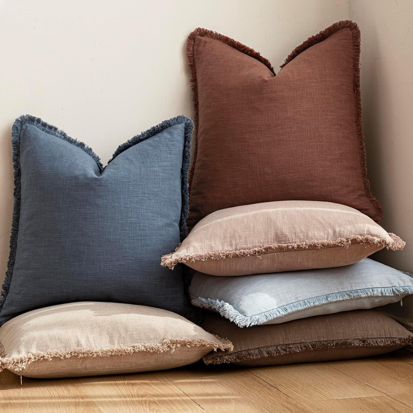Foindtower Set of 2 Decorative Linen Fringe Throw Pillow Covers Boho Farmhouse Cushion Cover with Tassels Soft Accent Pillowcase for Couch Chair Sofa Bed Living Room Home Decor,20×20 Inch,Sky Blue