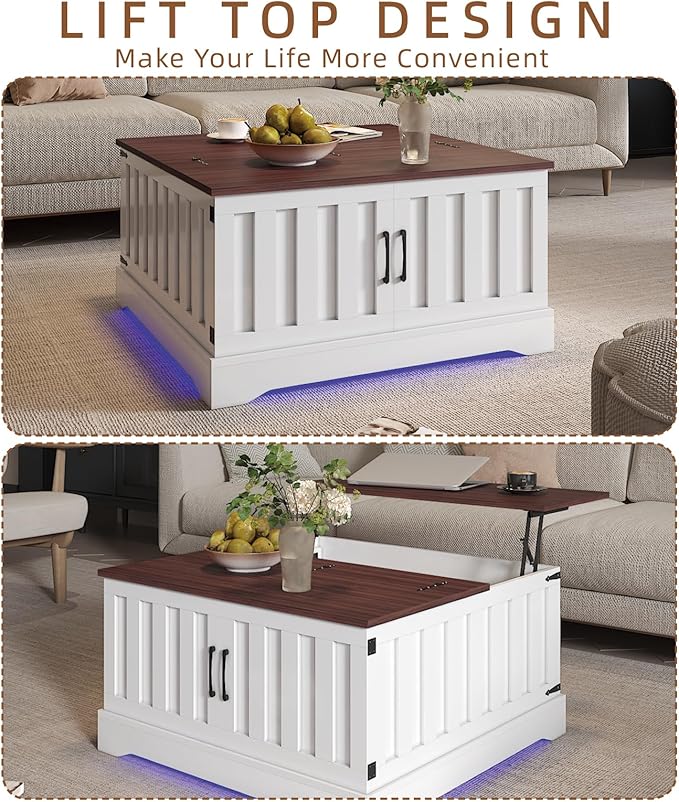 Square Lift Top Coffee Table with Storage, White Brown Led Coffee Table for Living Room with Large Hidden Storage, 30.7" Wood Table Led Center Table for Dining Reception Room