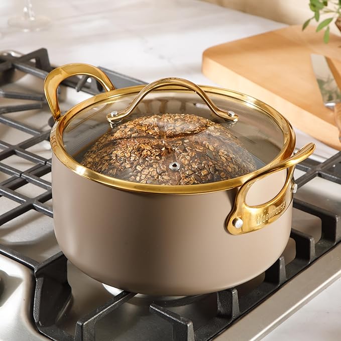 Bloomhouse - Two Time Oprah's Favorite Things Winner - 6 Quart Heavy Duty Aluminum Premium PFA Free Ceramic Nonstick Dutch Oven Pot with Lid - Cappuccino Cream with Gold Handle