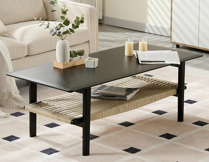 Black Coffee Table for Living Room Farmhouse Coffee Table with Natural Rattan Storage Shelf Large 2-Tier Rectangular Center Table for Living Room Reception