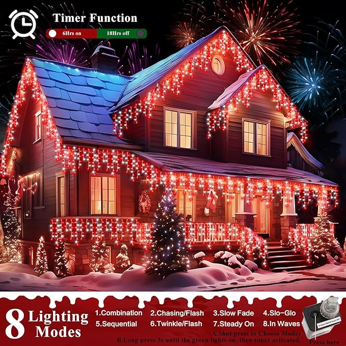 XURISEN 66ft Christmas Lights Decorations Outdoor, 640 LED 8 Modes Curtain Fairy Lights with 120 Drops,Plug in Waterproof Timer Memory Function for Christmas Holiday Wedding Party Decor(Red+White)