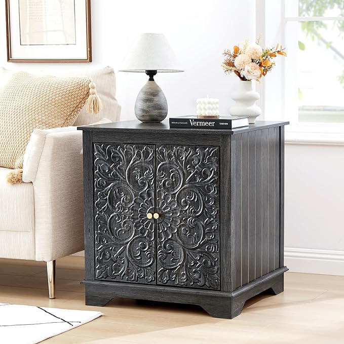 End Table Set of 2, 24" Farmhouse Nightstand with Carved Floral Door & Adjustable Shelf, Square Wooden Sofa Side Table with Storage for Living Room Bedroom (Antique Black-Brown)