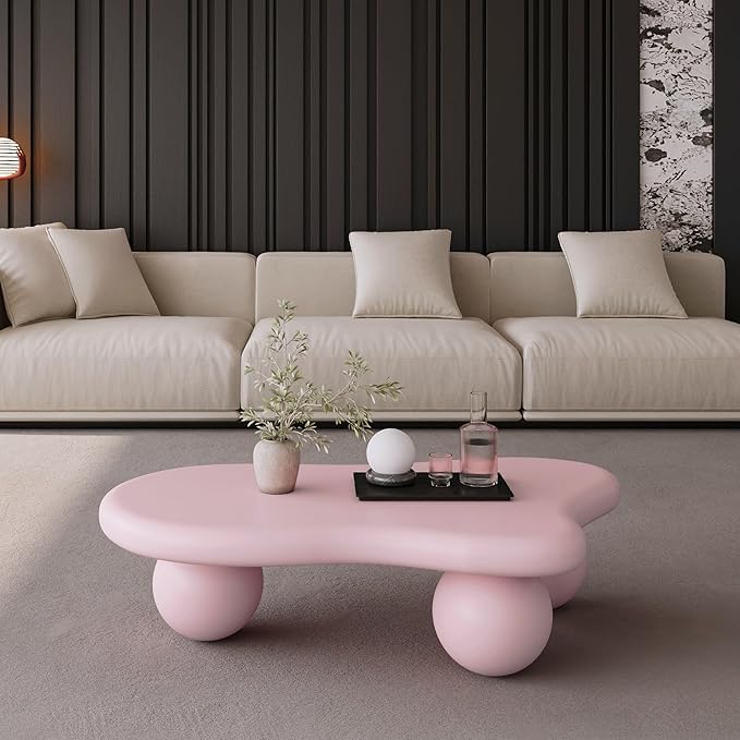 47.2" Cloud Coffee Table with 3 Ball Legs, Modern Lrregular Center Table for Living Room, Low Cute Small MDF Tea Table for Bedroom, Space Apartment-Pink