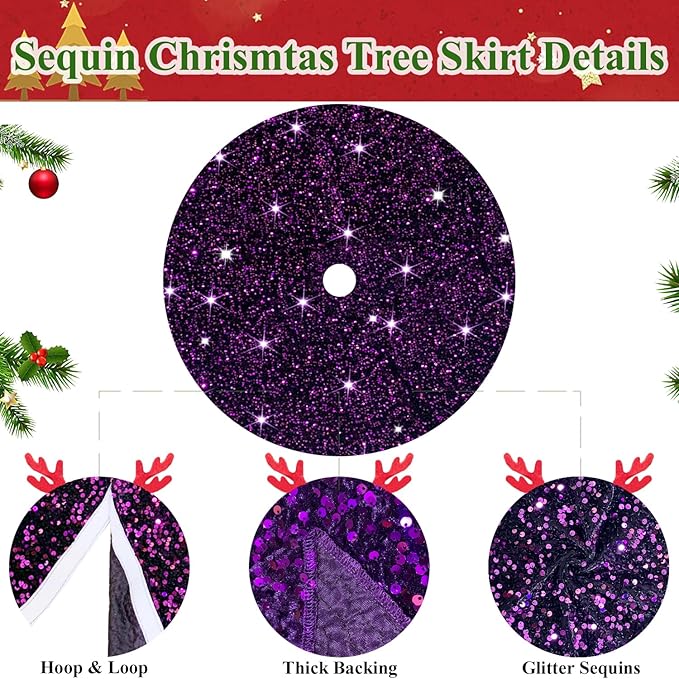 Purple Christmas Tree Skirt 46 Inch Sequin Tree Skirt Glitter Christmas Tree Skirts Large Velvet Tree Carpet Halloween Tree Skirt Vintage Xmas Tree Skirt Blanket ShinyTree Mat for Halloween Holiday