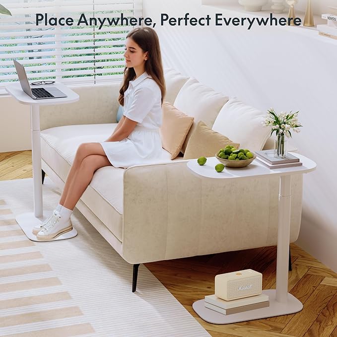 FLEXISPOT Adjustable C Table with Wheels, Mobile Snack Side End Table Sofa Couch Bedside Table Laptop Cart TV Tray Night Stand Small Space Side Table(23.6" W x 13.8" D,White)