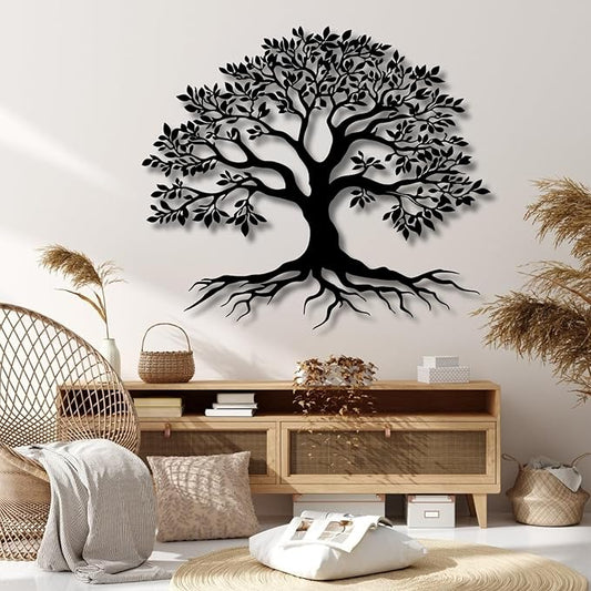VTHTA Large Tree of Life Metal Wall Art,Tree Wall Sign for Living Room Bedroom Indoor Outdoor Garden Home Decoration (Black, 24" Wx20 H/60x52cm, Metal Wall Art)
