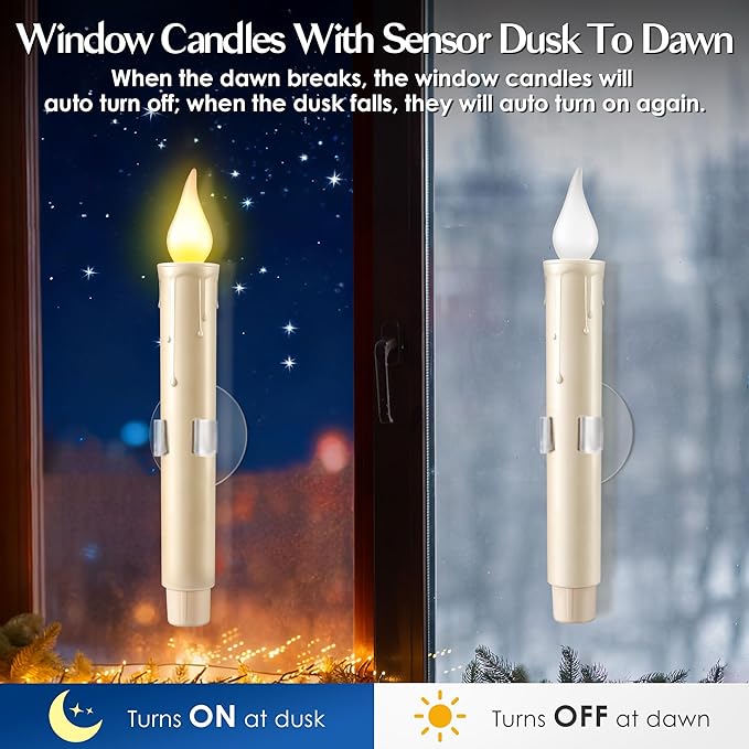 Enhon 18 Pcs Battery Operated Window Candles, Ivory LED Christmas Window Candles with Sensor Dusk to Dawn, Cordless Flameless Taper Candlestick with Battery & Suction Cup for Xmas Wedding Decorations