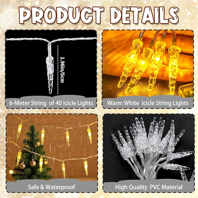 Christmas Icicle Light，19.6ft 40 LED Warm White Icicle String Lights Indoor, Hanging Icicle Christmas Lights for Eave Holiday Garden Indoor Outdoor Xmas Decorations