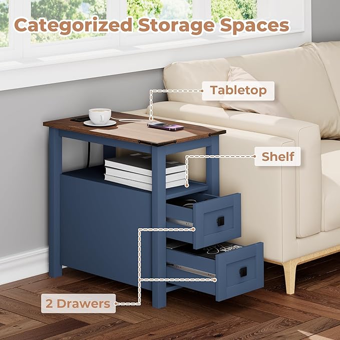 Farmhouse End Table with Charging Station and 2 Storage Drawers, Blue Wood Nightstand Narrow, Skinny Side Table Rustic, Slim Bedside Table, Open Shelf, Small for Bedroom, Living Room, Sofa