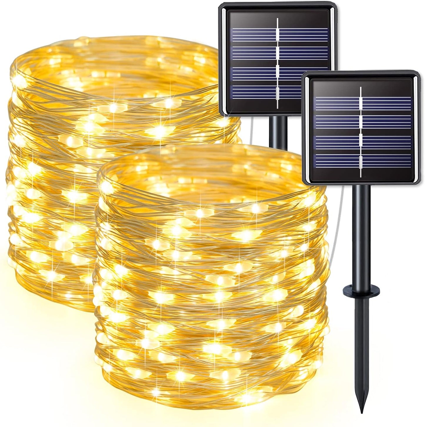 JMEXSUSS 2 Pack Solar String Lights Outdoor Waterproof, Each 33FT 100 LED Warm White Christmas Lights, Waterproof 8 Modes Copper Wire Solar Fairy Light for Outside Patio Tree Yard Garden Decorations