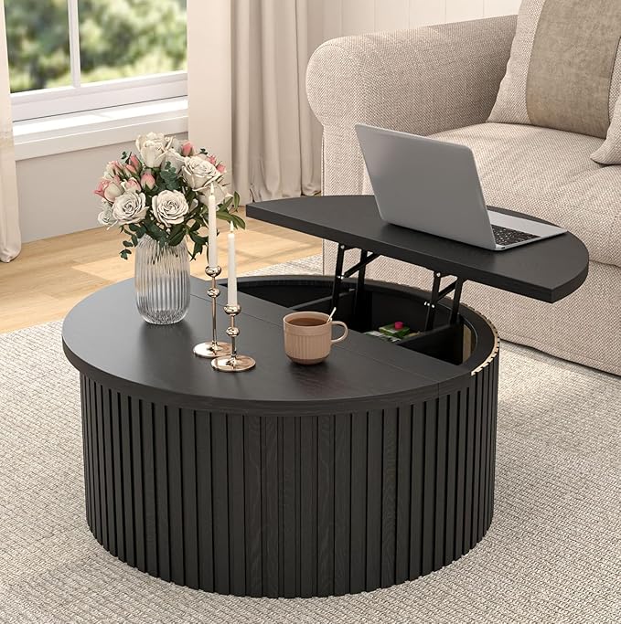 Lift Top Coffee Table with Storage, Round Coffee Tables for Living Room, 34.6In Farmhouse Fluted Coffee Table, Wood Center Table with Large Hiddern Storage Compartment (Black)