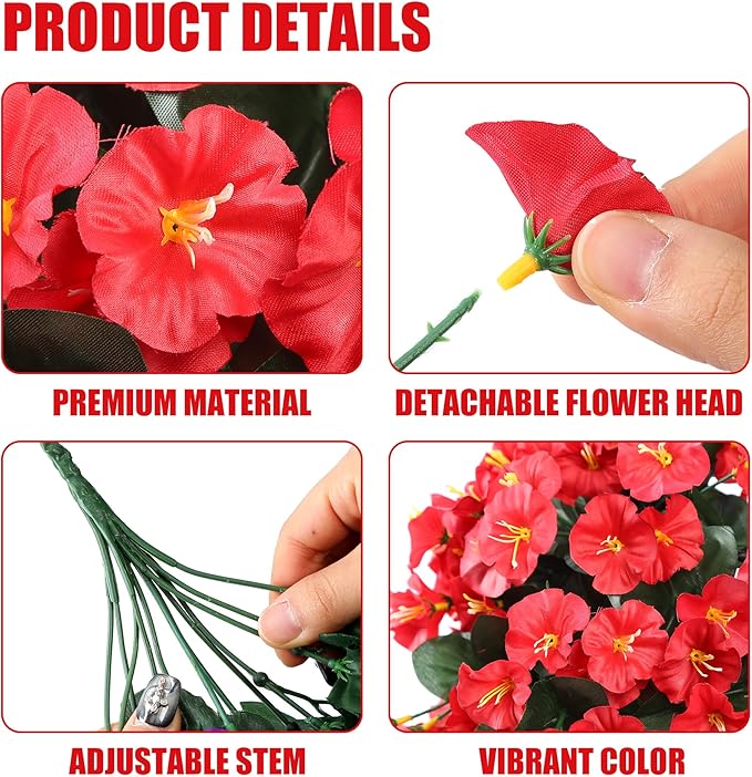 Sggvecsy Artificial Fake Hanging Flowers Plants for Outdoor Outside Spring Summer Decoration 2PCS Faux Silk UV Resistant Realistic Morning Glory Trailing Vines for Home Porch Patio Balcony(Red)