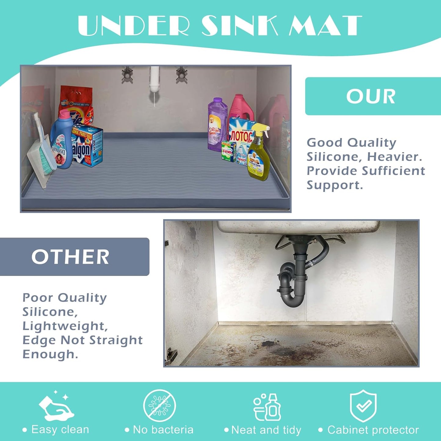 URMONA Waterproof Silicone Under Sink Mat 22'' x 14'' Shelf Liner for Kitchen and Bathroom, Cabinet and Counter Protector, Storage and Organizers, Litter Mat, Pet Cat Puppy Essentials(Cream)