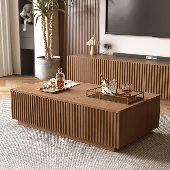 Mid-Century Modern 51.1" Coffee Table with Lift-Top & Storage, Floor-Standing Living Room Center Table for Working, Dining & Organizing, Walnut
