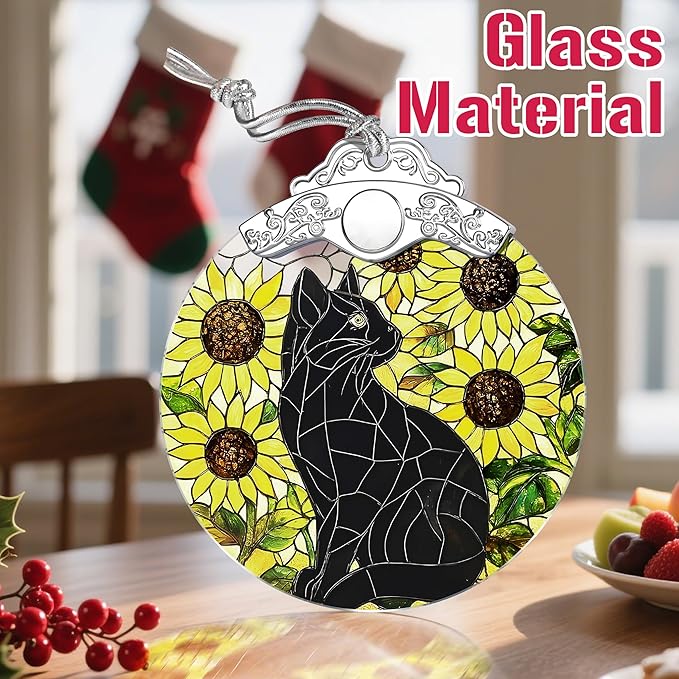 Stained Glass Ornament, Christmas Ornament, Hanging Ornaments for Home Decor & Christmas Tree Ornaments – Exquisite Holiday Decor, Cat Lovers Gifts, Xmas Gifts & Holiday Present - Black Cat