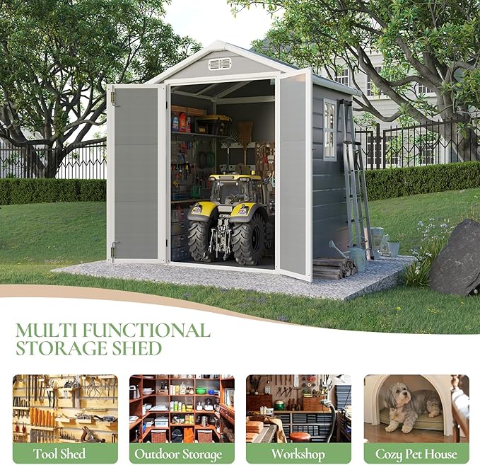 5.5 x 4.4 ft Resin Storage Shed with Floor, Outdoor Tool Shed with Window, Vents, and Stainless Steel Cores, for Pool Supplies/Lawn Mower/Bikes, Grey