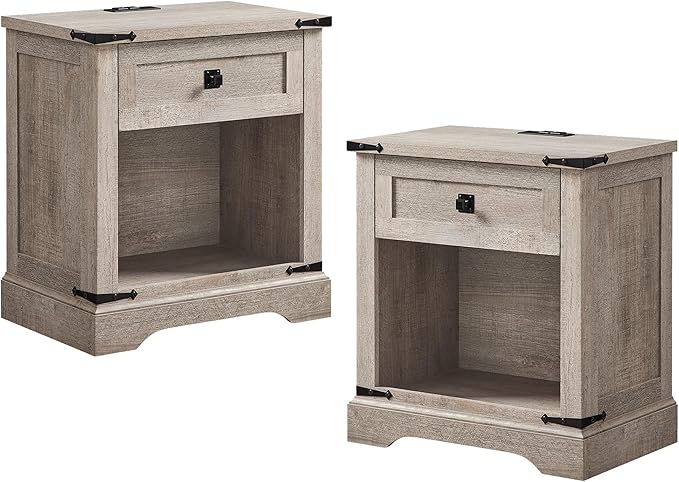 T4TREAM 24" Farmhouse Nightstand with Charging Station Set of 2, Large End Table with Drawer and Open Storage Cabinet, Rustic Wood Bedside Table Sofa Table for Bedroom, Light Rustic Oak