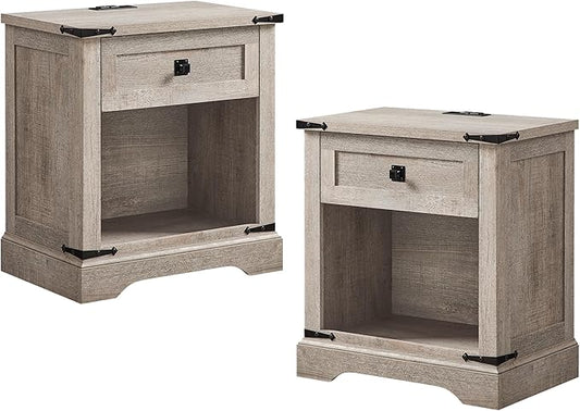 T4TREAM 24" Farmhouse Nightstand with Charging Station Set of 2, Large End Table with Drawer and Open Storage Cabinet, Rustic Wood Bedside Table Sofa Table for Bedroom, Light Rustic Oak