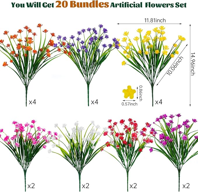 Lnoicy 20pcs Artificial Flowers for Outdoor,Plastic Flowers Decoration, UV Resistant Faux Flowers Shrubs, Artificial Plants for Indoor Outside Garden Home Wedding Farmhouse(7 Colors)