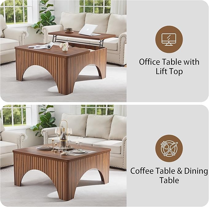 39'' Square Coffee Table with Storage, Farmhouse Lift Top Coffee Table for Living Room Fluted Wood Center Table Arched Dining Table with 2 Hidden Storage Compartment (Walnut)