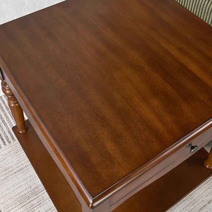 2-Set Solid Wood End Table with Drawer and Storage Shelf, Anne Queen Designed Beside Table with Solid Wood Roman Legs, Square Accent Tables and Meeting Table for Living Room, Bedroom Cherry Brown