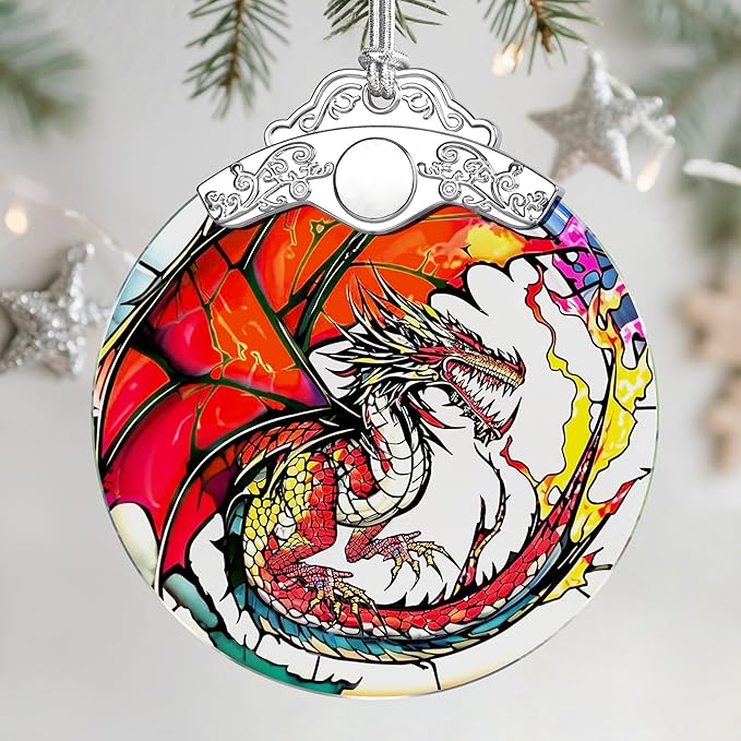 Stained Glass Ornament, Christmas Ornament, Hanging Ornaments for Home Decor & Christmas Tree Ornaments – Exquisite Holiday Decor, Xmas Gifts & Holiday Present - Fantasy Dragon