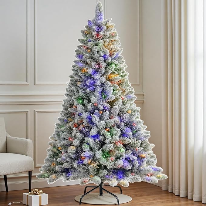 6 FT Pre-lit Snow Flocked Christmas Tree, Artificial Christmas Tree with 250 Warm White & Color LED Changing Lights, 600 PVC Branch Tips, Easy Assembly/Metal Stand/Hinged/8 Color Modes