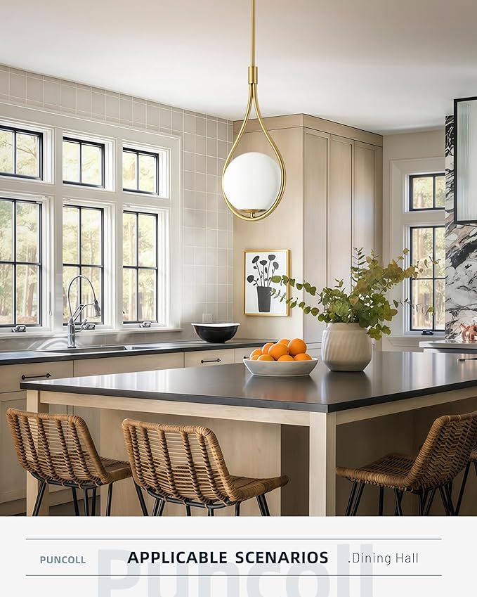 Gold Pendant Lights, 1-Light Pendant Lights Kitchen Island in Brushed Gold Finish with Milky White Globe Glass, Mid Century Pendant Light Fixtures, H9377 MGBG