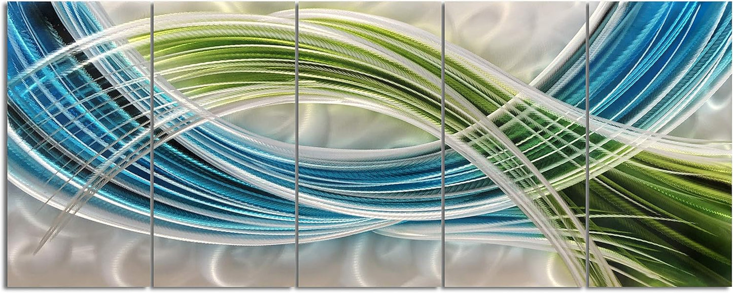 Yihui Arts Abstract Metal Wall Art - Hand Crafted 5 Pieces Panels Large Big Blue Teal Silver Unique 3D Aluminum Modern Contemporary Home Accent