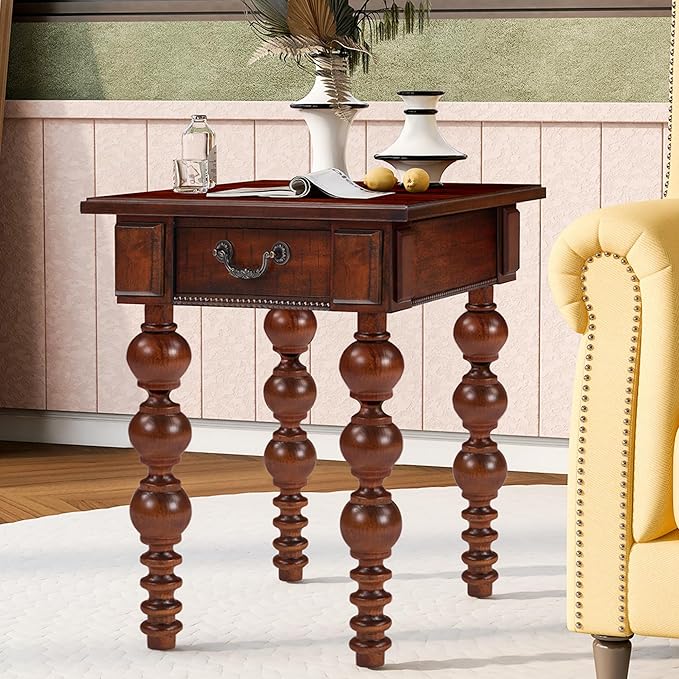 Amposei Retro Wooden Side End Table Vintage Nightstand Bedside Table with 1 Storage Drawer & Solid Wood Legs for Living Room Bedroom, No Assembly, Walnut