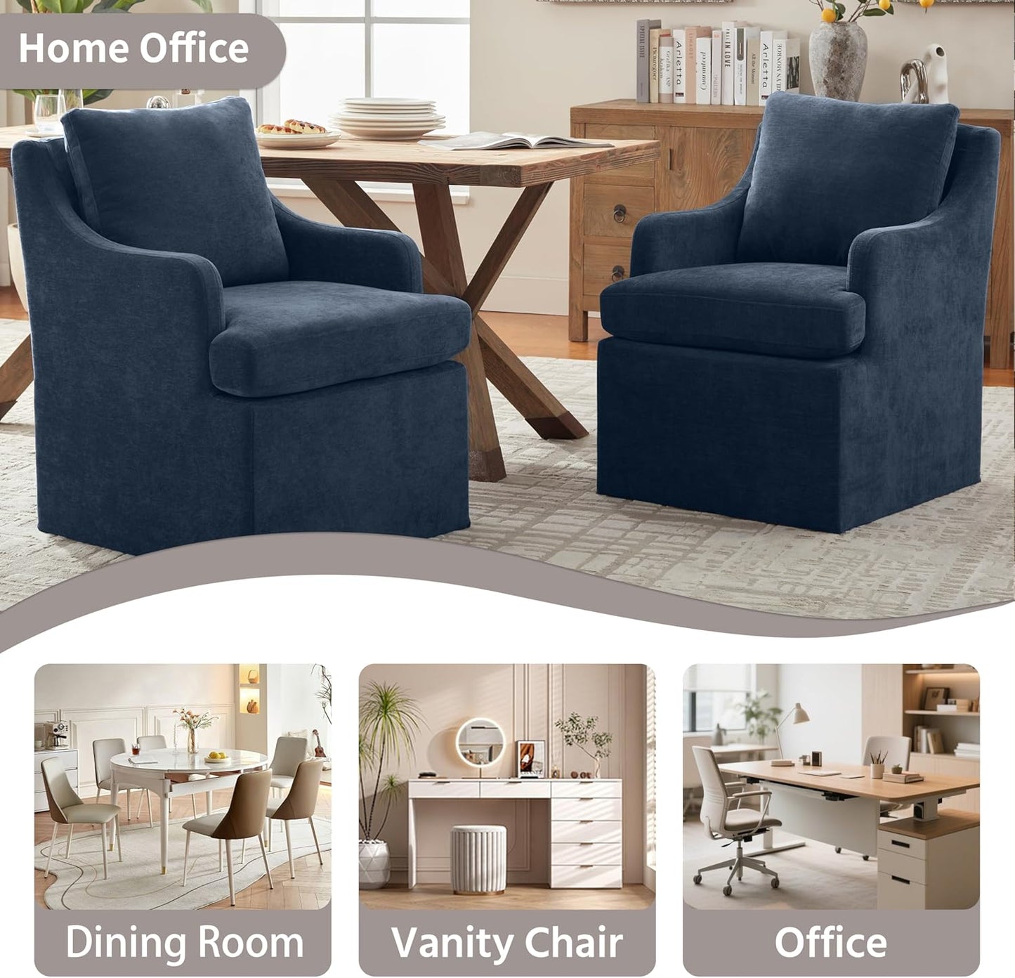 VKNOW Upholstered Dining Chairs Set of 2, Modern Kitchen Chairs Dinner Chairs with 4 Casters, Linen Armchair for Bedroom Reading Room Living Room, Navy