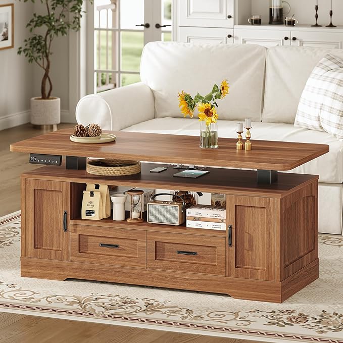 SEDETA 47.2" Electric Standing Coffee Table with Storage, Farmhouse Lift Top Coffee Table with Drawers and Open Shelves, Height Adjustable Tables with Power Outlet, for Living Room, Brown