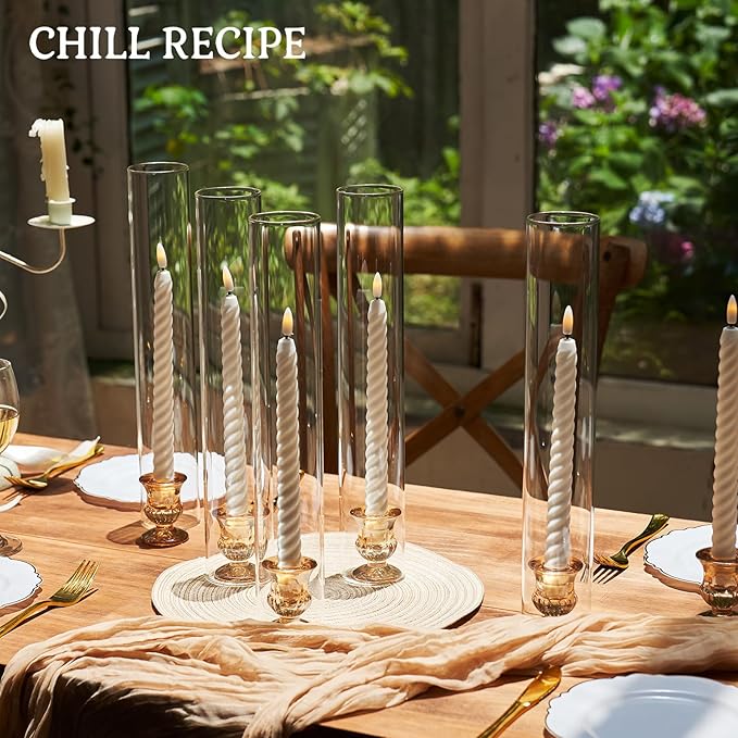 CHILL RECIPE Glass Hurricane Candlestick Holders 14" Tall Cylinder Candle Holder Chimney Tube, Floral Taper Crystal Candle Stick Holder for Birthday Wedding Christmas Home Decor(6Pcs Gold)