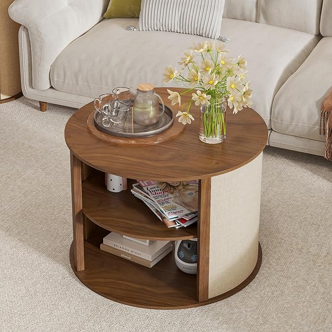 Round Coffee Table with Storage, 2-Tier Boho Mid Century Modern Wooden Center Coffee Table with Adjustable Shelf, Sackcloth Finish, Farmhouse, for Living Room, 27.5 Inches, Walnut