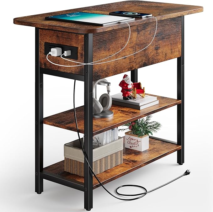 Yoobure End Table with Charging Station, Flip Top Side Table with USB Ports and Outlets, Sofa Couch Table Bedside Table for Living Room Bedroom, Narrow Nightstand with Storage Shelves for Small Space