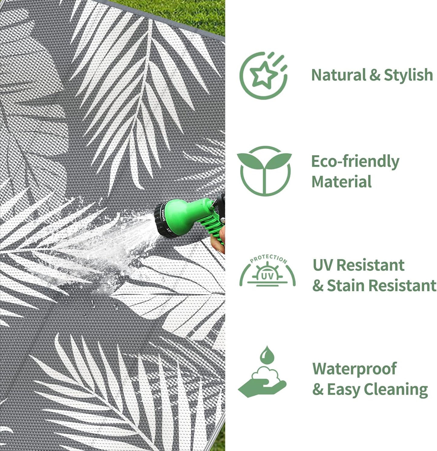 GENIMO Outdoor Rug 10' x 14' Waterproof for Patios Clearance, Reversible Outdoor Plastic Straw Camping Rug Carpet, Large Area Rugs Mats for RV, Camper, Deck, Balcony, Porch, Beach, Picnic, Grey&White
