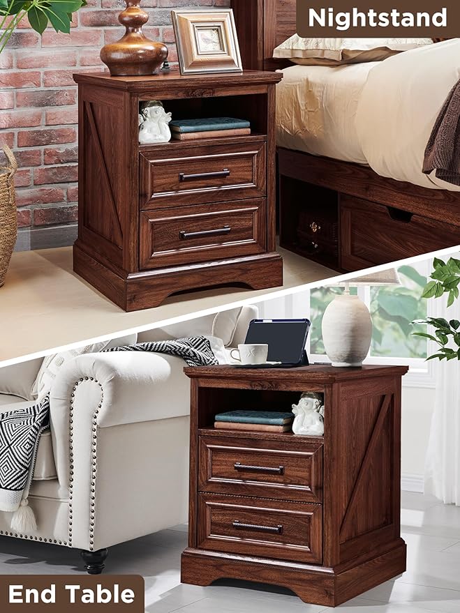 ACCOHOHO 18" Farmhouse Nightstand with Charging Station,End Table with 2 Drawers Storage,Side Table,Bedside Cabinet for Bedroom,Living Room,Brown